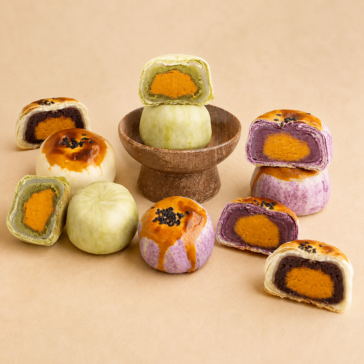 A group of colorful Chinese sweet pastries, including whole and sliced mooncakes, arranged on a beige background. The pastries feature various fillings such as salted egg yolk, taro, and matcha, with some topped with sesame seeds.