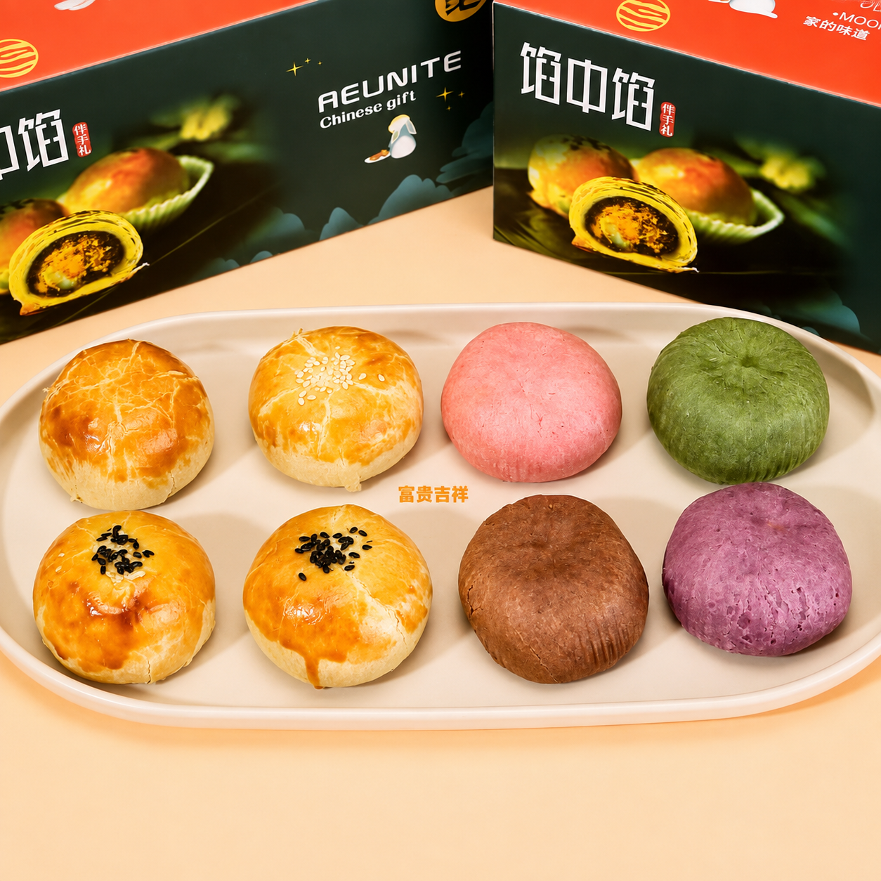 Six assorted Chinese mooncakes displayed on a white oval plate, with two branded product boxes in the background. The mooncakes include golden flaky pastries, pink, green, brown, and purple varieties, some topped with black sesame seeds.