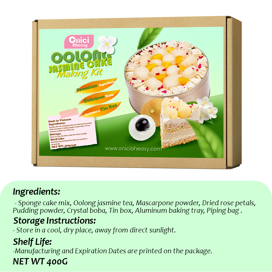 Oolong jasmine cake making kit packaging with ingredients and storage instructions.