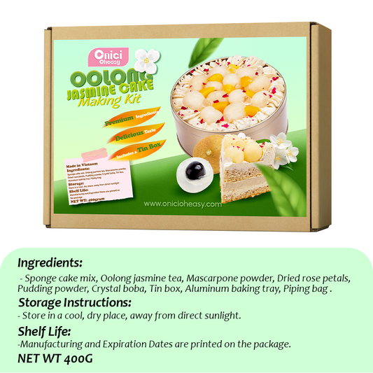 Oolong jasmine cake making kit packaging with ingredients and storage instructions.