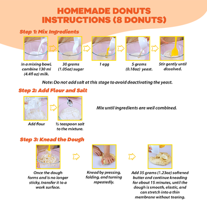 Instructions for making homemade donuts with step-by-step images and text.