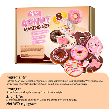 Donut making set packaging with donuts and ingredients listed.